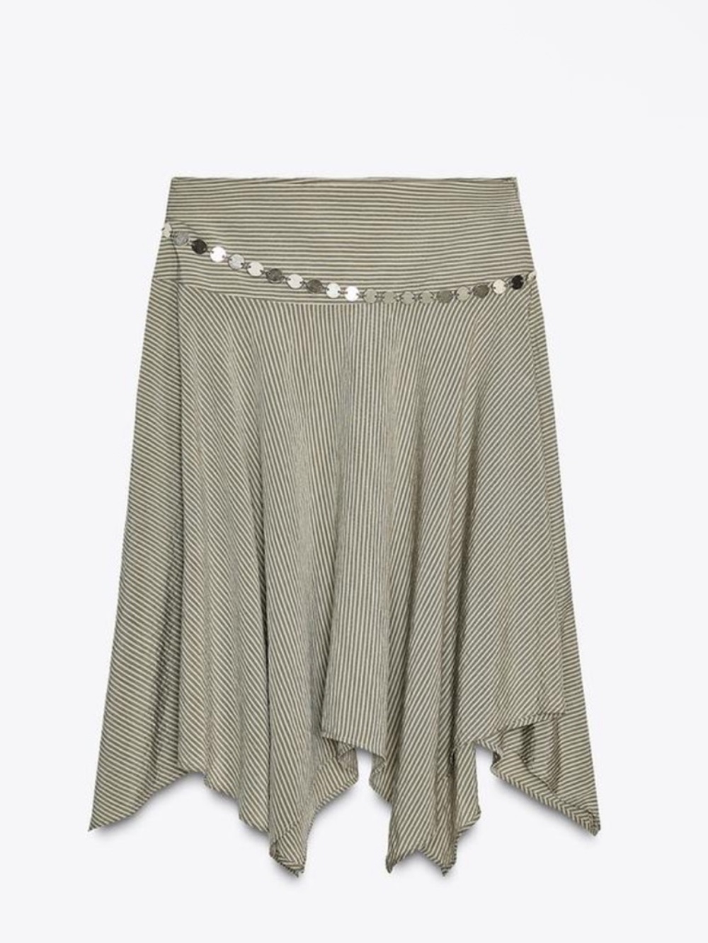 STRIPED ASYMMETRIC BELTED MIDI SKIRT